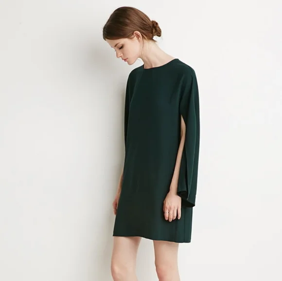 Forever 21 green slit-sleeve crepe shift dress - Picture 1 of 5